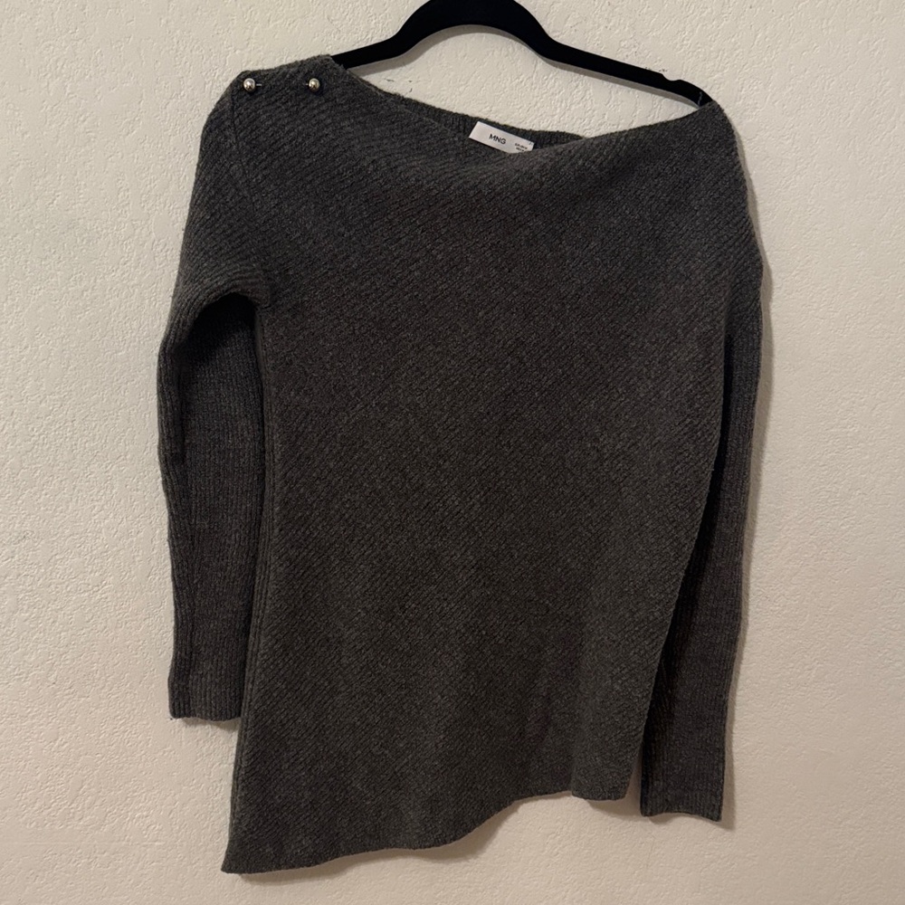 Mango Charcoal Off-Shoulder Button-Shoulder Knit Sweater
